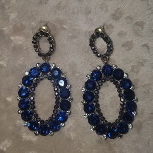 Dark Blue and Grey Rhinestone Oval Drop Earrings